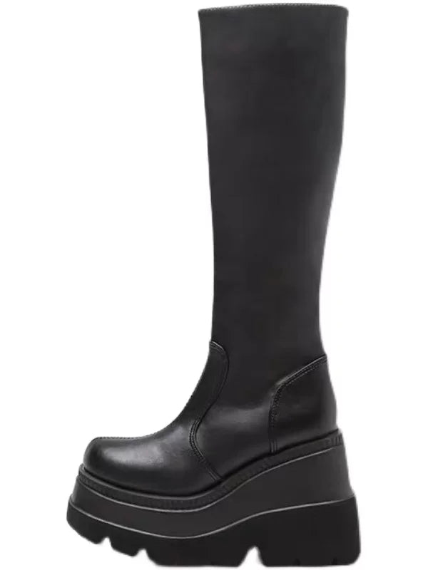 Women's Chunky Sole High Heel Slim-fit Tall Riding Boots for Fall Outfits Streetwear Winter Slimming Office and Weekend Everyday Wear