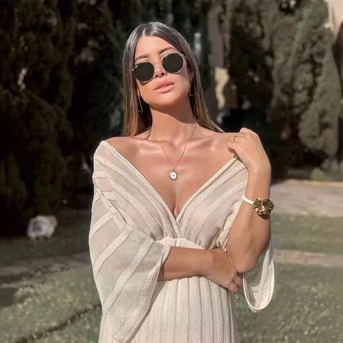 Women's V-neck Summer White Slim-fit Cutout Knit Shawl for Office and Travel Evening Gift Slimming Holiday Gift