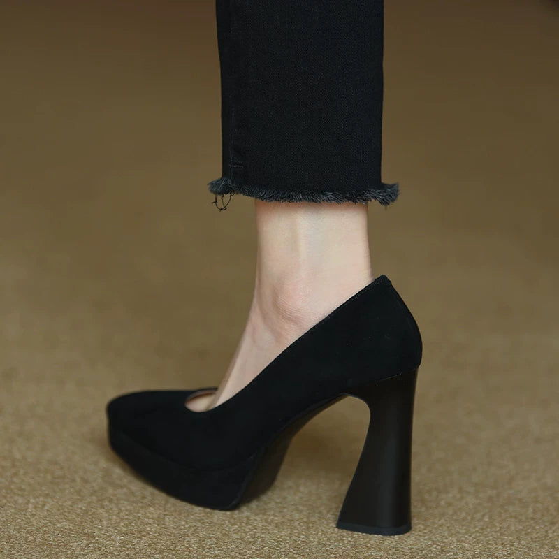 Women's Spring Summer Black Platform Pointed Toe Block Heel High Heel Pumps Closed-Toe Dress Heels Wedding Guest Cocktail Party