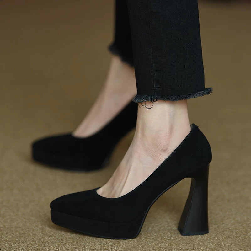 Women's Spring Summer Black Platform Pointed Toe Block Heel High Heel Pumps Closed-Toe Dress Heels Wedding Guest Cocktail Party