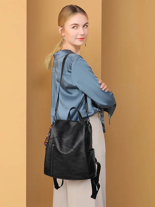 Women's Large-Capacity Leather Casual Backpack Travel School Bag and Office Work Weekend Date Night