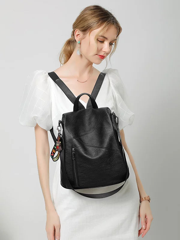 Women's Large-Capacity Leather Casual Backpack Travel School Bag and Office Work Weekend Date Night