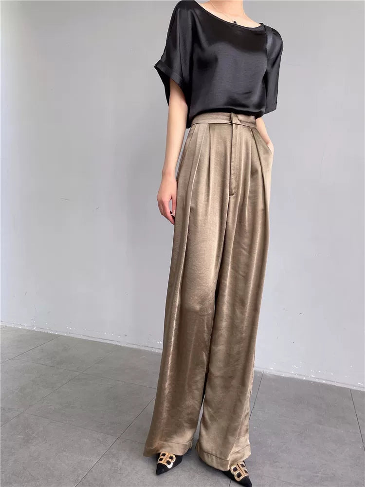 Women's Summer Straight Satin Draped Workwear Quiet-Luxury Casual Wide-Leg Pants for Office Outfits Business Travel Comfort Spring Summer Weekend