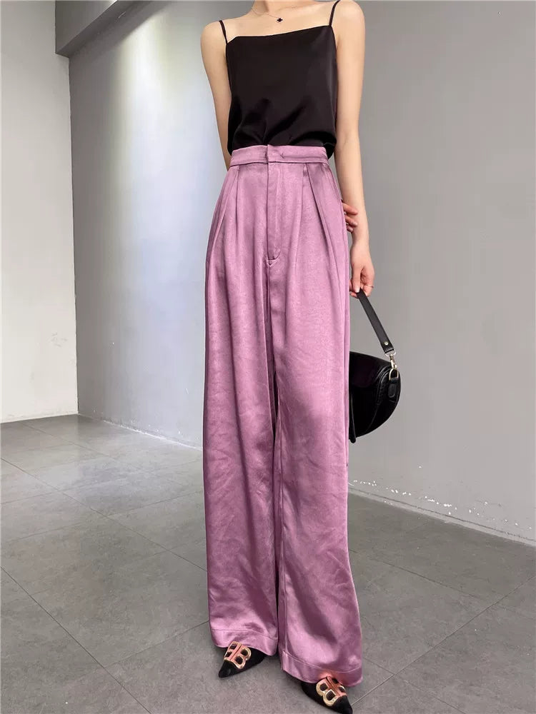 Women's Summer Straight Satin Draped Workwear Quiet-Luxury Casual Wide-Leg Pants for Office Outfits Business Travel Comfort Spring Summer Weekend