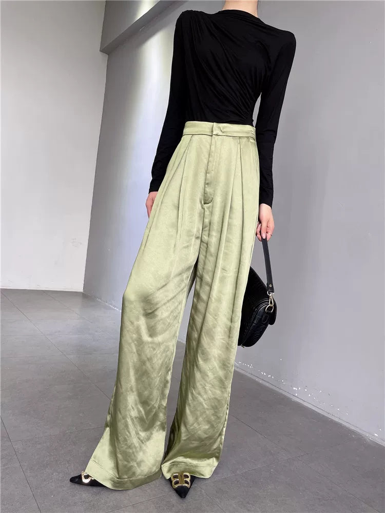 Women's Summer Straight Satin Draped Workwear Quiet-Luxury Casual Wide-Leg Pants for Office Outfits Business Travel Comfort Spring Summer Weekend