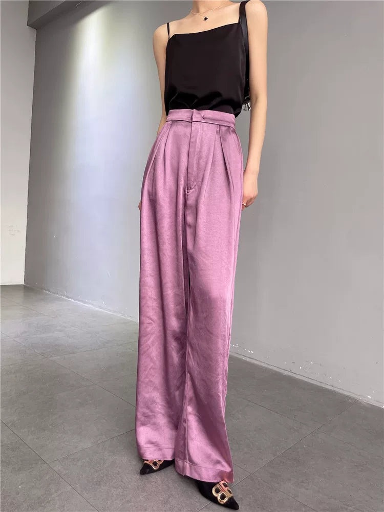 Women's Summer Straight Satin Draped Workwear Quiet-Luxury Casual Wide-Leg Pants for Office Outfits Business Travel Comfort Spring Summer Weekend