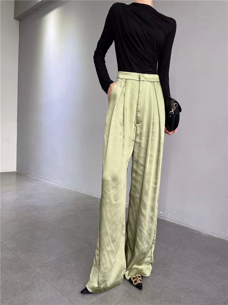 Women's Summer Straight Satin Draped Workwear Quiet-Luxury Casual Wide-Leg Pants for Office Outfits Business Travel Comfort Spring Summer Weekend