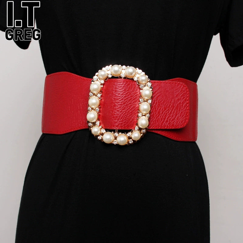 Women's Wide Stretch Crystal Pearl Korean-style Waist Belt Everyday Wear Versatile Designer
