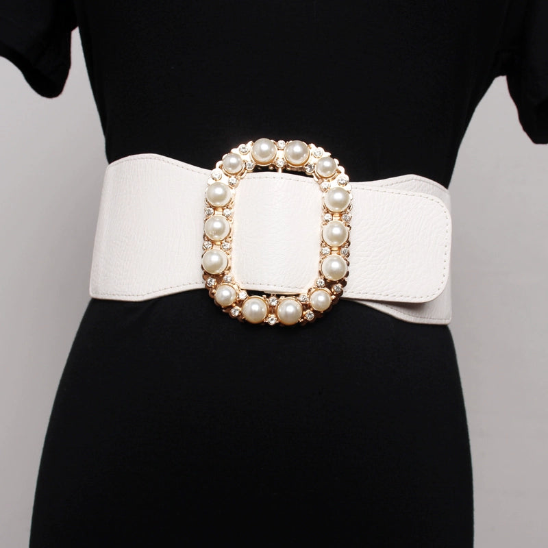 Women's Wide Stretch Crystal Pearl Korean-style Waist Belt Everyday Wear Versatile Designer