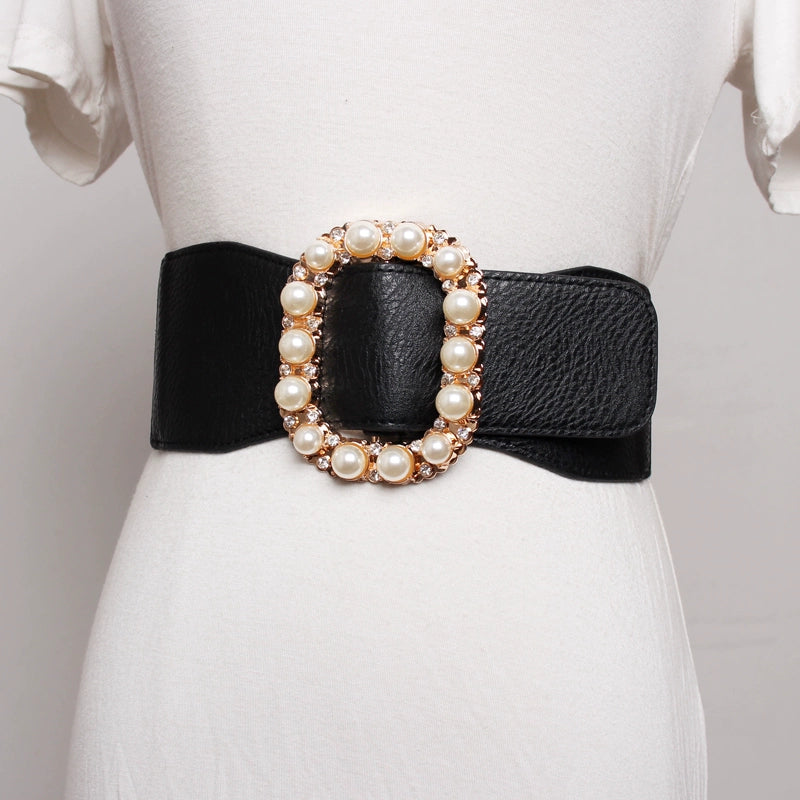 Women's Wide Stretch Crystal Pearl Korean-style Waist Belt Everyday Wear Versatile Designer