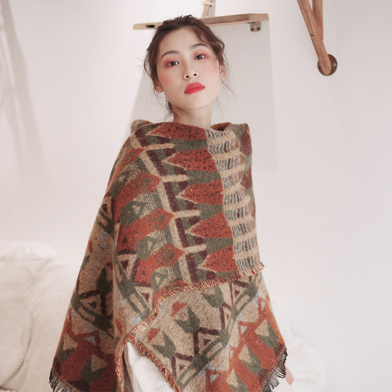 Women's Ethnic Winter Thickened Fleece-lined Knit Shawl Wrap Evening Outfits Soft