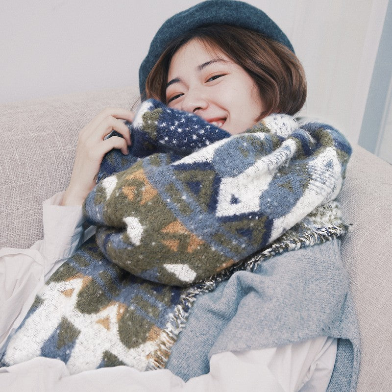 Women's Ethnic Winter Thickened Fleece-lined Knit Shawl Wrap Evening Outfits Soft