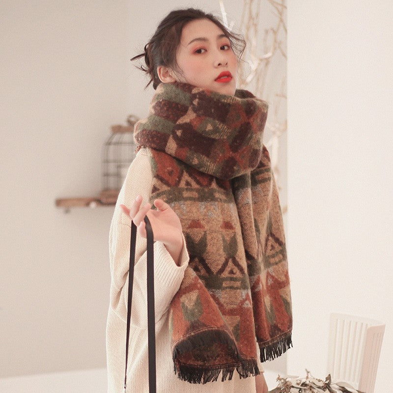 Women's Ethnic Winter Thickened Fleece-lined Knit Shawl Wrap Evening Outfits Soft