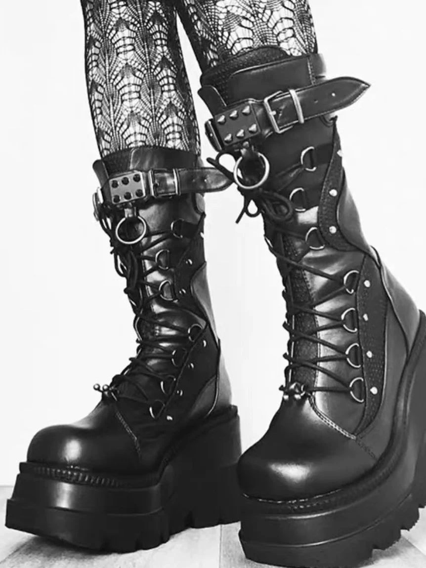 Women's Black Chunky Sole Dark Tall Riding Boots for Fall Outfits Streetwear Winter Office and Weekend Everyday Wear