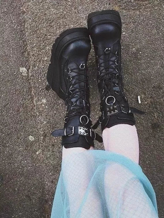 Women's Black Chunky Sole Dark Tall Riding Boots for Fall Outfits Streetwear Winter Office and Weekend Everyday Wear