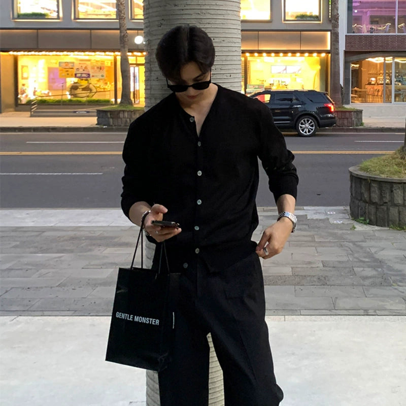 Men's Long Sleeve Korean-Style Retro Knit Cardigan Open-Front Sweater for Office Outfits Fall Work and Weekend Spring Everyday