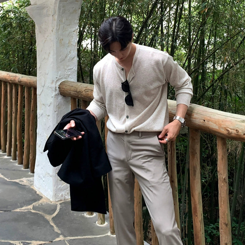 Men's Long Sleeve Korean-Style Retro Knit Cardigan Open-Front Sweater for Office Outfits Fall Work and Weekend Spring Everyday