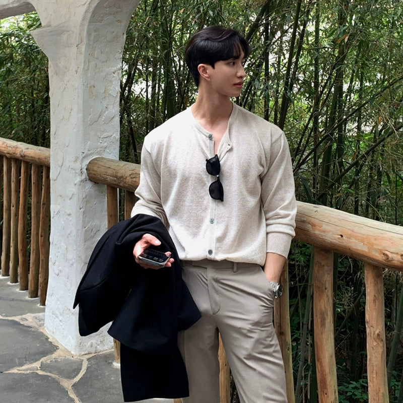 Men's Long Sleeve Korean-Style Retro Knit Cardigan Open-Front Sweater for Office Outfits Fall Work and Weekend Spring Everyday