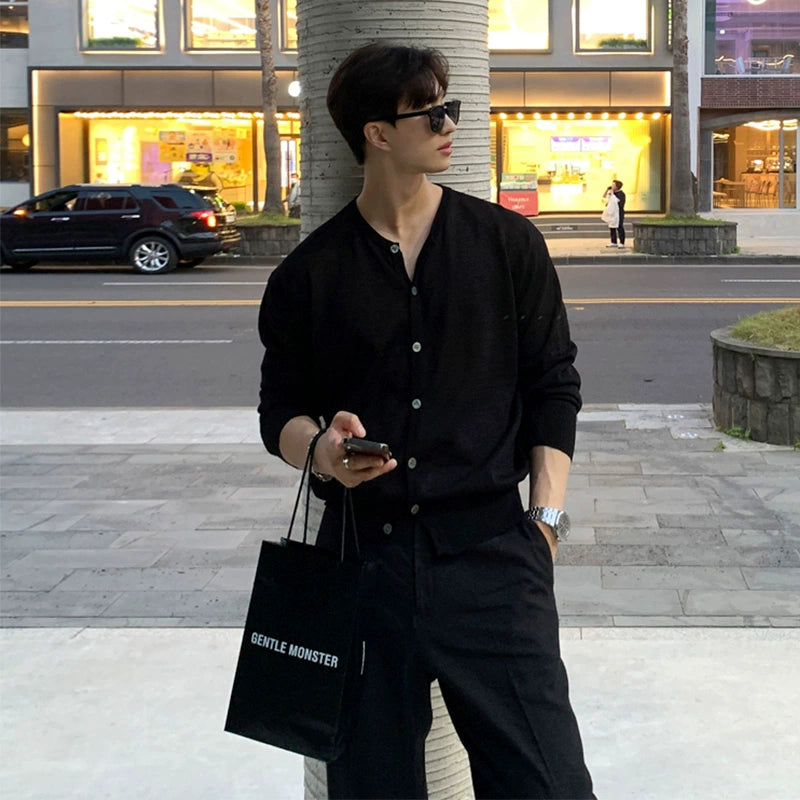Men's Long Sleeve Korean-Style Retro Knit Cardigan Open-Front Sweater for Office Outfits Fall Work and Weekend Spring Everyday