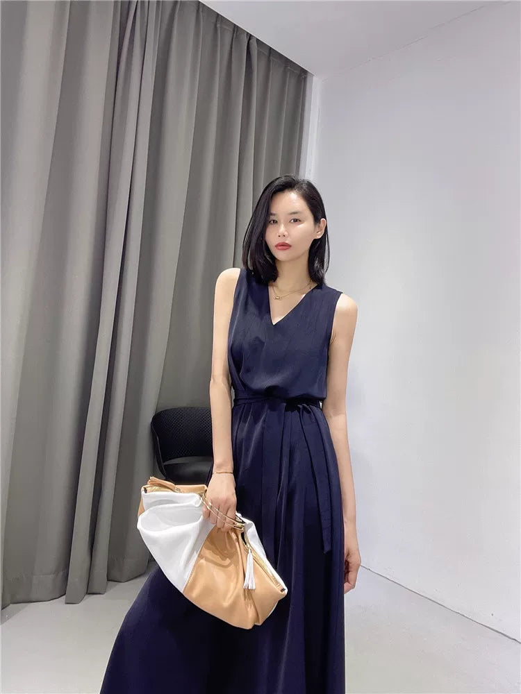 Women's V-Neck Summer Slim-Waist Navy Sleeveless Maxi French-Inspired Halter Evening Dress Spring for Black Tie Wedding Guest Cocktail Party Prom