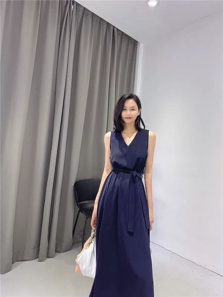 Women's V-Neck Summer Slim-Waist Navy Sleeveless Maxi French-Inspired Halter Evening Dress Spring for Black Tie Wedding Guest Cocktail Party Prom