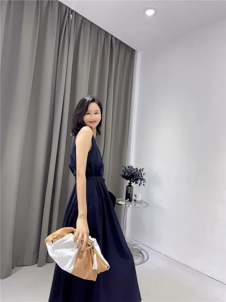 Women's V-Neck Summer Slim-Waist Navy Sleeveless Maxi French-Inspired Halter Evening Dress Spring for Black Tie Wedding Guest Cocktail Party Prom