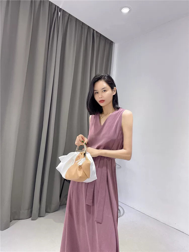 Women's V-Neck Summer Slim-Waist Navy Sleeveless Maxi French-Inspired Halter Evening Dress Spring for Black Tie Wedding Guest Cocktail Party Prom