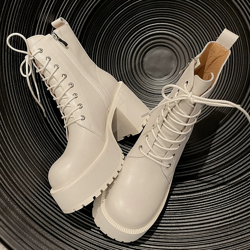 Women's Chunky Sole Leather Fleece-Lined Block Heel High Heel Martin Combat Boots for Fall Outfits Streetwear Winter Office and Weekend Everyday Wear