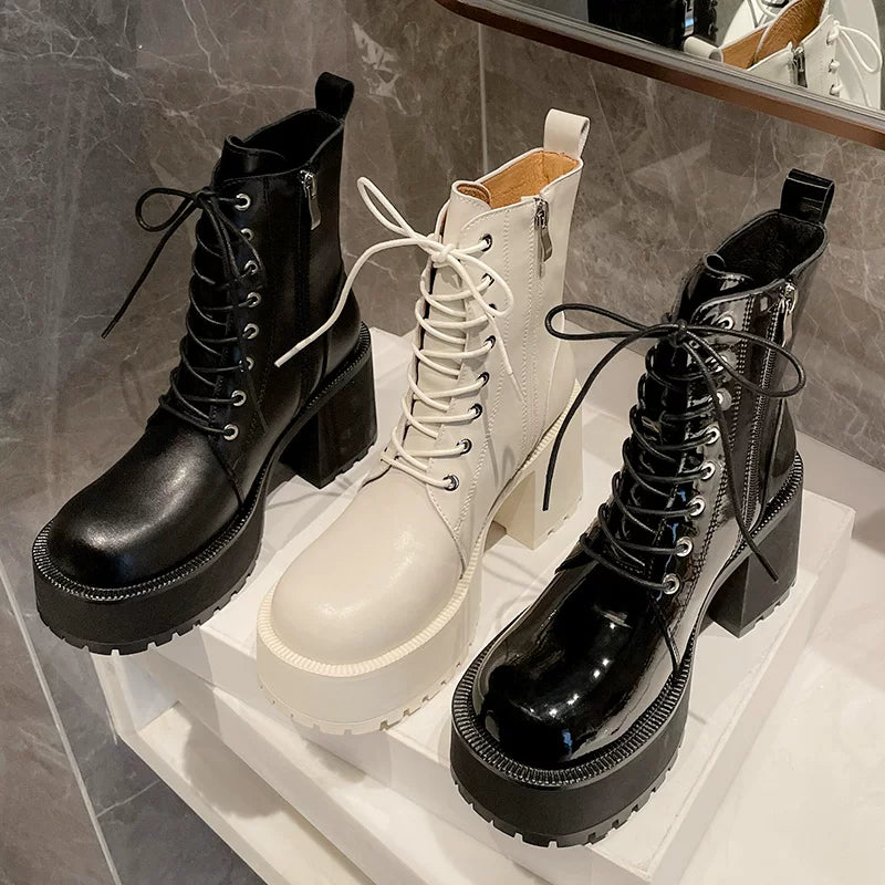 Women's Chunky Sole Leather Fleece-Lined Block Heel High Heel Martin Combat Boots for Fall Outfits Streetwear Winter Office and Weekend Everyday Wear