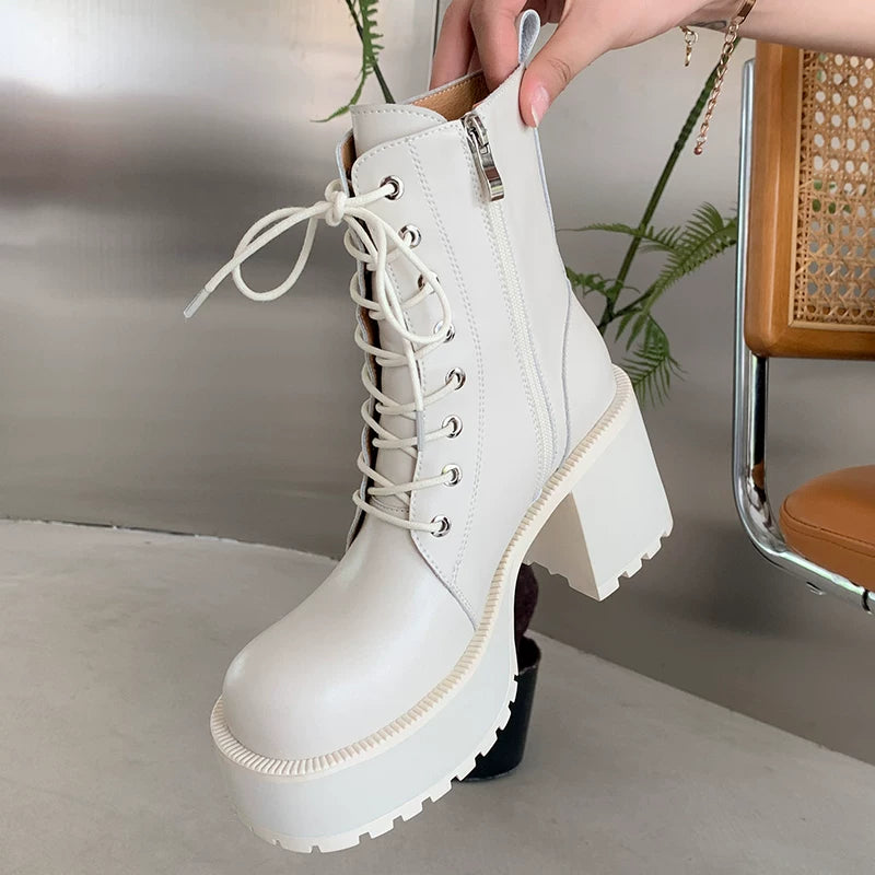 Women's Chunky Sole Leather Fleece-Lined Block Heel High Heel Martin Combat Boots for Fall Outfits Streetwear Winter Office and Weekend Everyday Wear