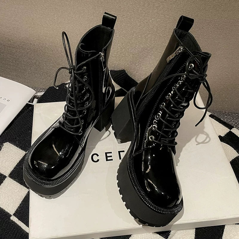Women's Chunky Sole Leather Fleece-Lined Block Heel High Heel Martin Combat Boots for Fall Outfits Streetwear Winter Office and Weekend Everyday Wear