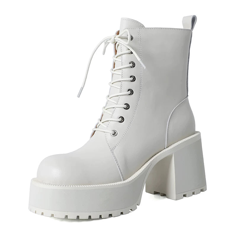 Women's Chunky Sole Leather Fleece-Lined Block Heel High Heel Martin Combat Boots for Fall Outfits Streetwear Winter Office and Weekend Everyday Wear