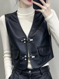 Women's V-neck Vest Office Leather Slim-fit Cropped Workwear for Date Night Holiday Party Spring Summer Slimming