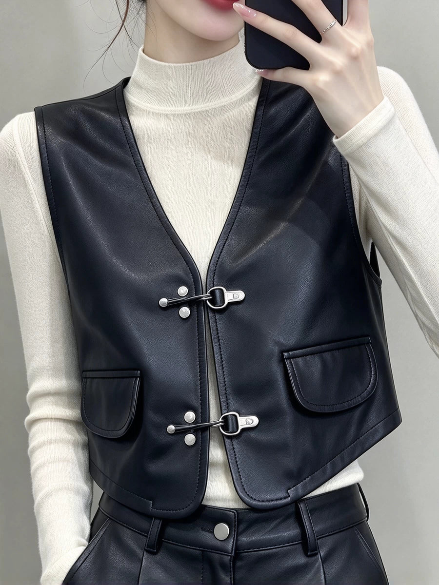 Women's V-neck Vest Office Leather Slim-fit Cropped Workwear for Date Night Holiday Party Spring Summer Slimming
