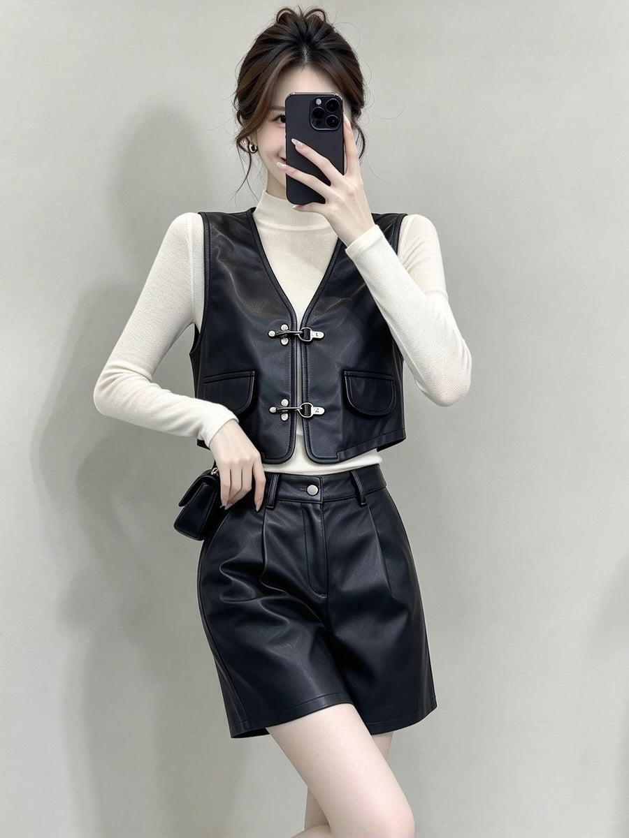 Women's V-neck Vest Office Leather Slim-fit Cropped Workwear for Date Night Holiday Party Spring Summer Slimming