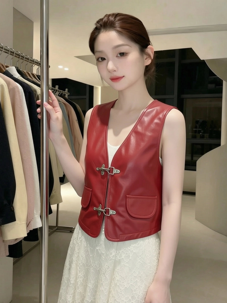 Women's V-neck Vest Office Leather Slim-fit Cropped Workwear for Date Night Holiday Party Spring Summer Slimming