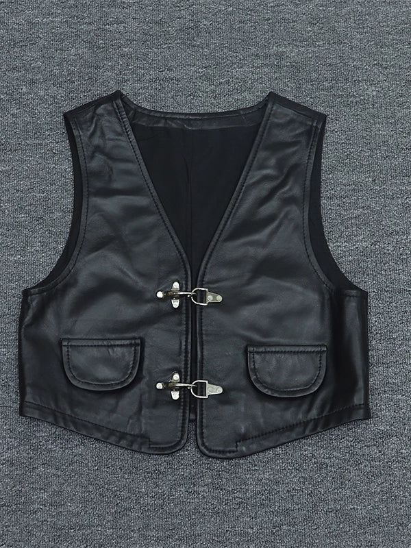 Women's V-neck Vest Office Leather Slim-fit Cropped Workwear for Date Night Holiday Party Spring Summer Slimming