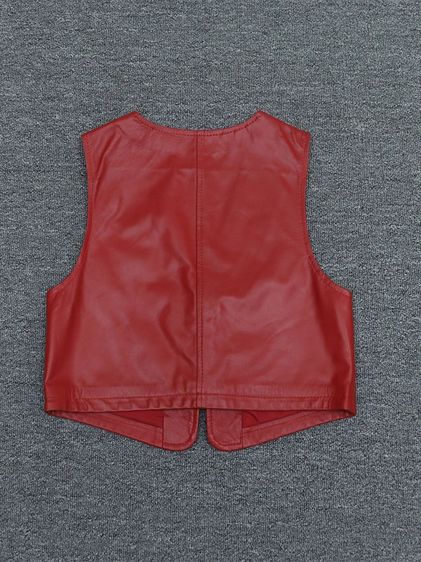 Women's V-neck Vest Office Leather Slim-fit Cropped Workwear for Date Night Holiday Party Spring Summer Slimming