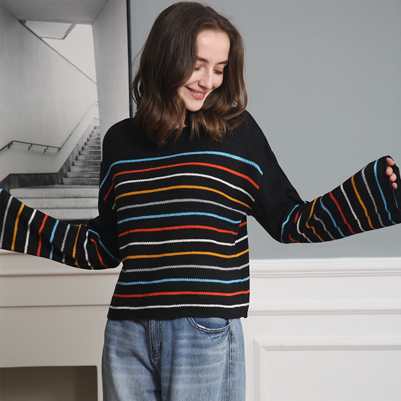 Women's Fall Winter Striped Oversized Long Sleeve Color-Block Casual Sweater Knit Pullover Top