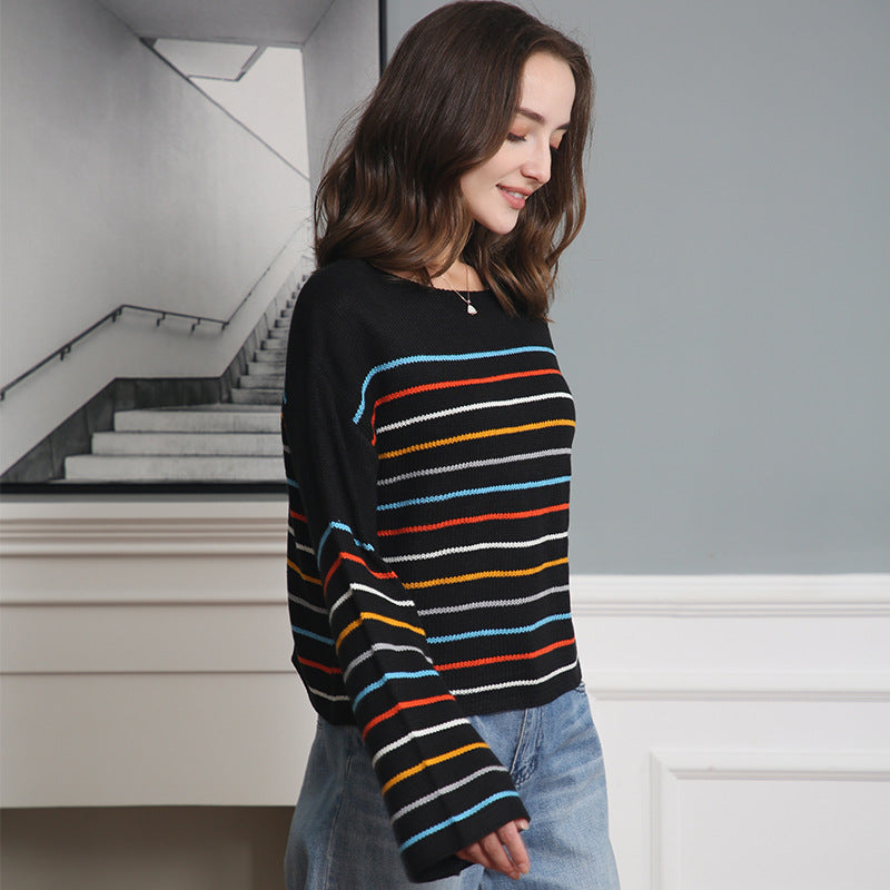 Women's Fall Winter Striped Oversized Long Sleeve Color-Block Casual Sweater Knit Pullover Top