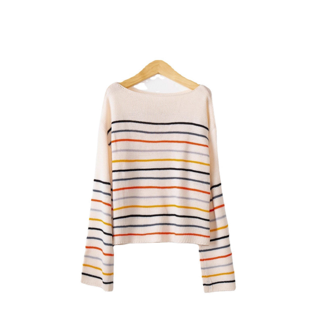 Women's Fall Winter Striped Oversized Long Sleeve Color-Block Casual Sweater Knit Pullover Top