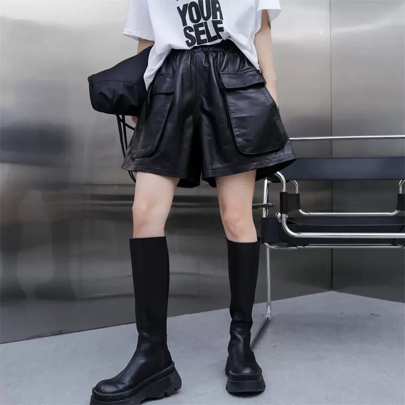 Women's Cargo Pocket Fall Winter Workwear Korean-style Outdoor Leather-look Pants Wide-leg for Office Outfits Business Casual Travel Comfort Versatile