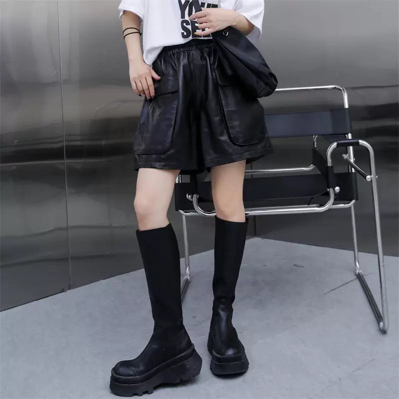 Women's Cargo Pocket Fall Winter Workwear Korean-style Outdoor Leather-look Pants Wide-leg for Office Outfits Business Casual Travel Comfort Versatile