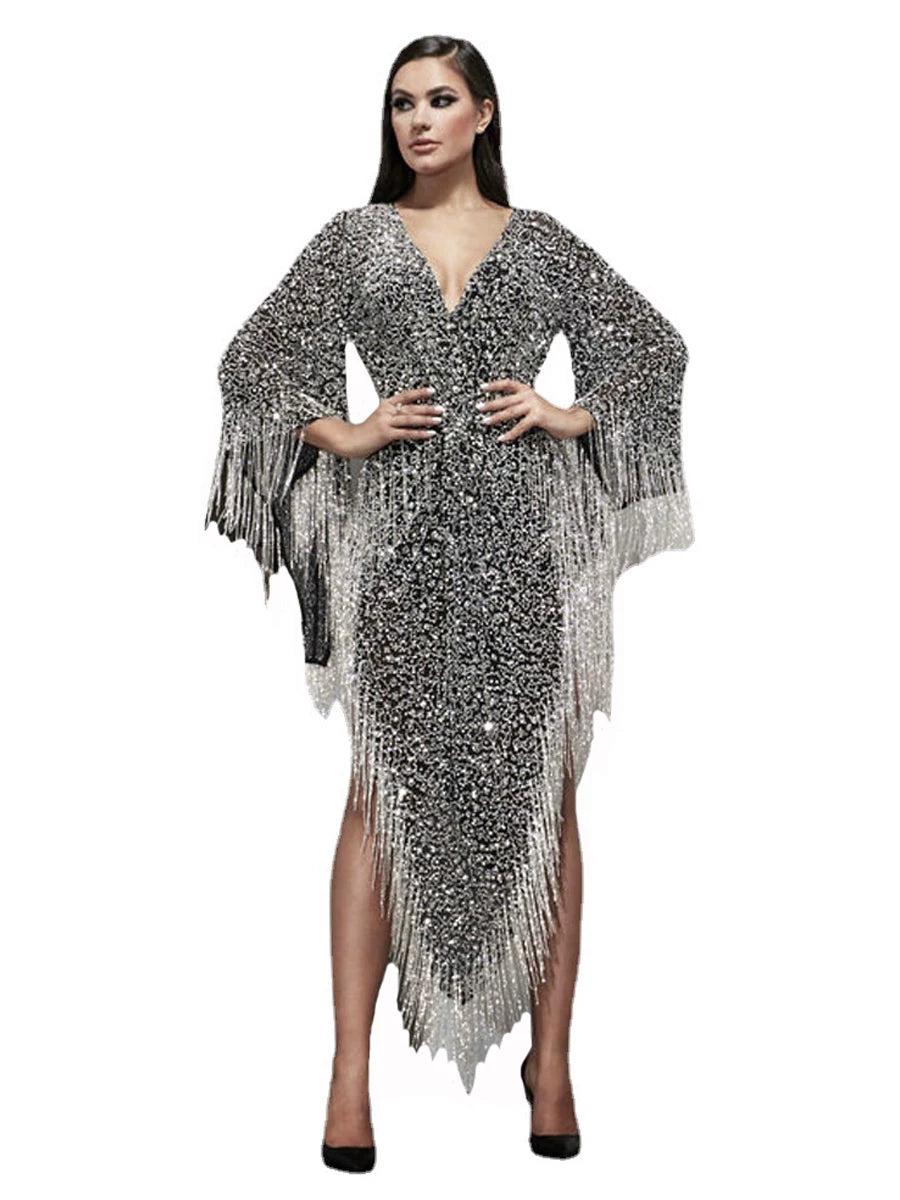 Women's Tassel Glitter V-neck Slim-waist Slimming Long Sleeve Evening Dress Formal Midi Dress Party Dress Formal Party Wedding Guest Dress