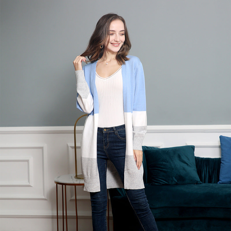 Women's Fall Winter Long Sleeve Color-Block Casual Knit Cardigan Open-Front Sweater