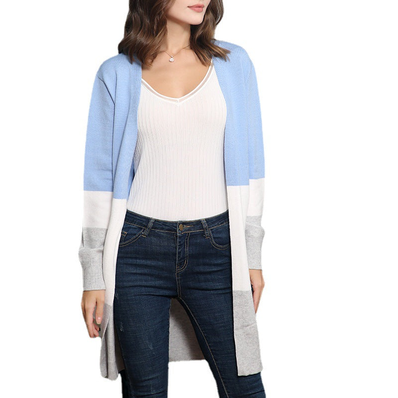 Women's Fall Winter Long Sleeve Color-Block Casual Knit Cardigan Open-Front Sweater