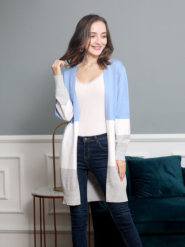 Women's Fall Winter Long Sleeve Color-Block Casual Knit Cardigan Open-Front Sweater