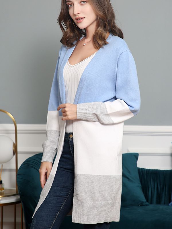 Women's Fall Winter Long Sleeve Color-Block Casual Knit Cardigan Open-Front Sweater