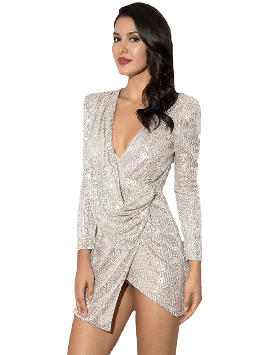 Women's Glitter V-neck Slim-waist Bodycon Slimming Asymmetric Evening Dress Formal Midi Dress Party Dress Formal Party Wedding Guest Dress