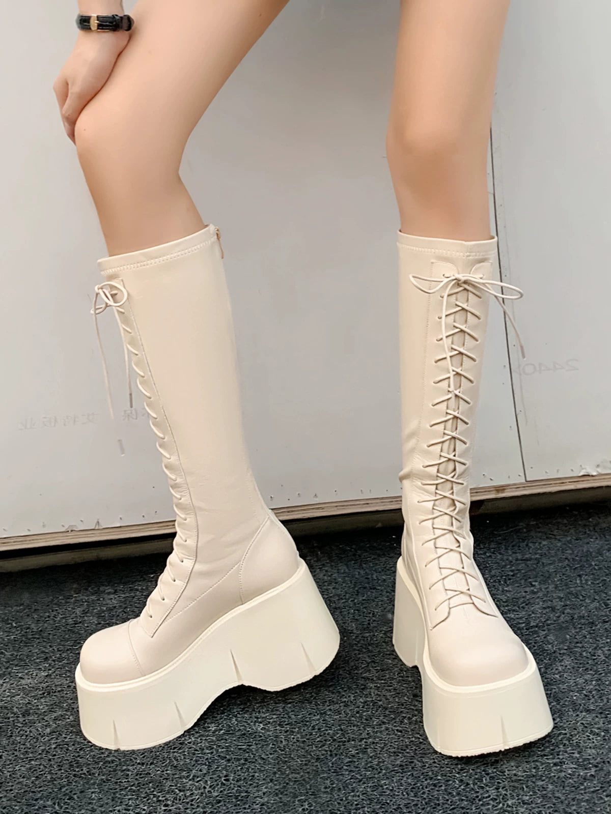 Women's Chunky Sole Leather Fleece-Lined Wedge Moto Boots for Fall Outfits Streetwear Winter Office and Weekend Everyday Wear